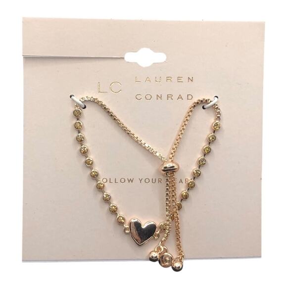 LC Lauren Conrad NWT Gold Tone Rhinestones Gold Balls Heart Slider Bracelet - Picture 3 of 8